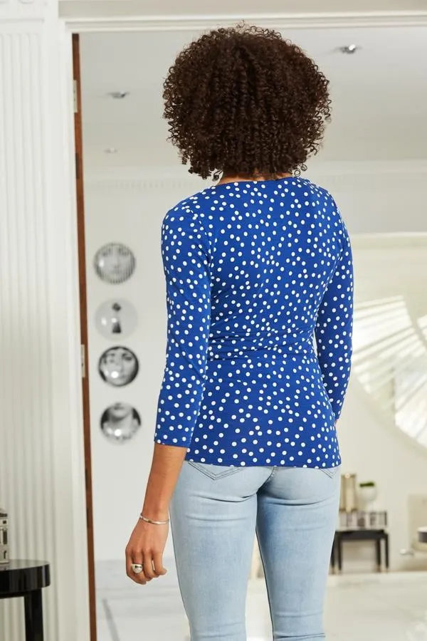 Sosandar Tops Women Blue and White Spot Print Ruched Neck Top Blue White
