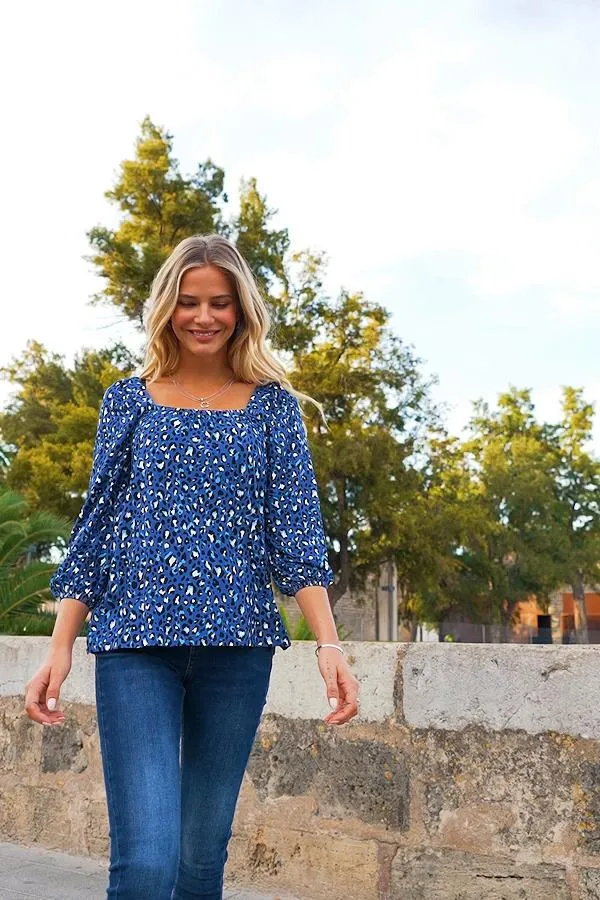 Sosandar Tops Women Blue Animal Print Square Neck Jersey Top Blue