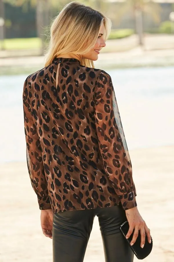 Sosandar Tops Women Chocolate Animal Print High Neck Top