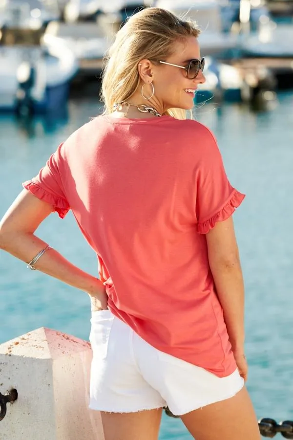 Sosandar Tops Women Coral Pink Ruffle Sleeve Jersey Top Coral Pink