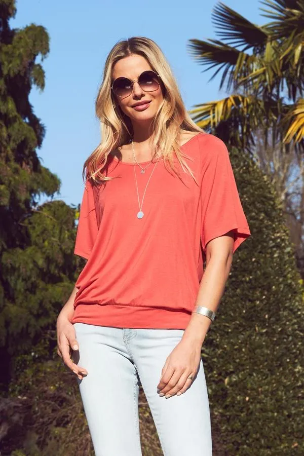 Sosandar Tops Women Coral Red Relaxed Fit Jersey T Shirt Coral Red