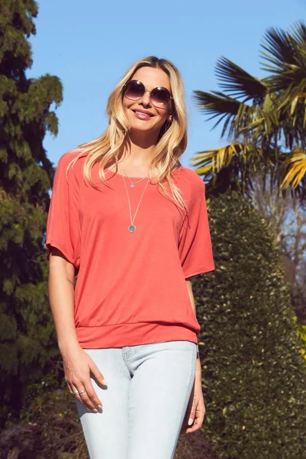 Sosandar Tops Women Coral Red Relaxed Fit Jersey T Shirt Coral Red