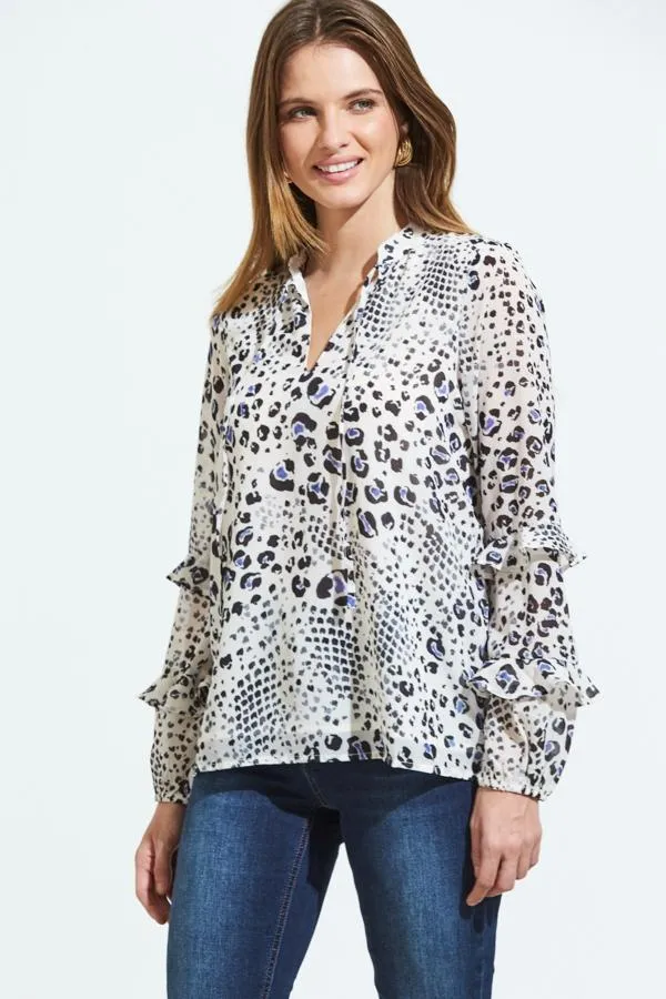 Sosandar Tops Women Cream Abstract Animal Print Ruffle Sleeve Top Cream