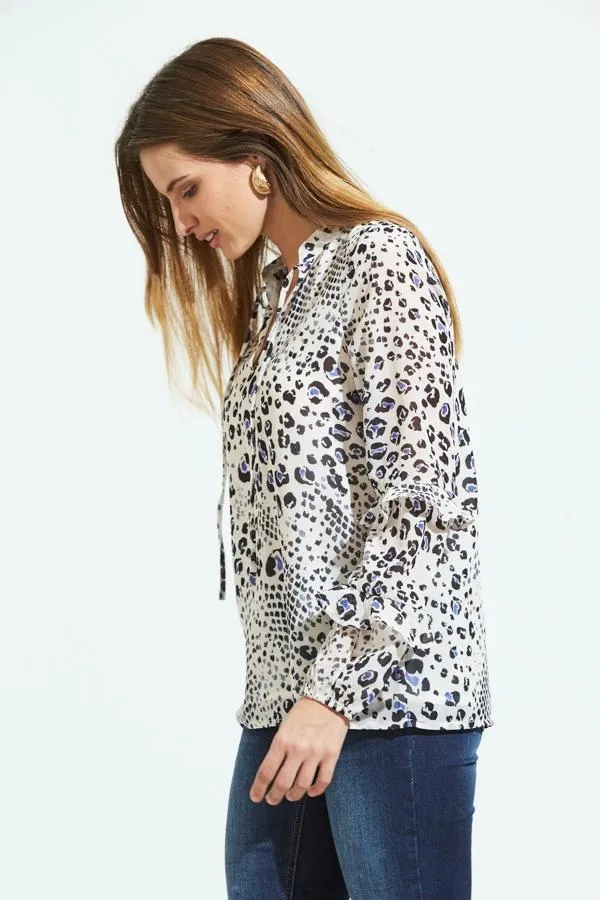 Sosandar Tops Women Cream Abstract Animal Print Ruffle Sleeve Top Cream