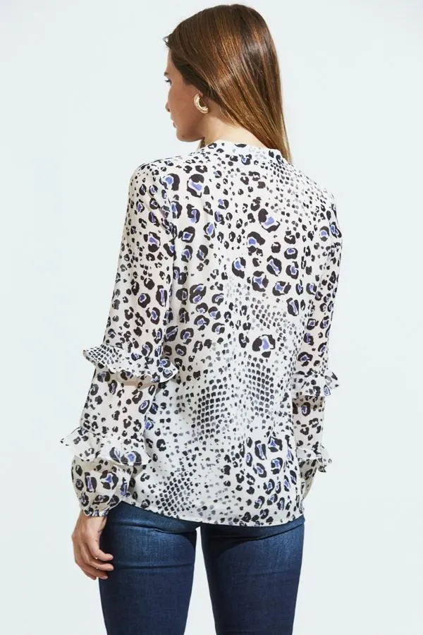 Sosandar Tops Women Cream Abstract Animal Print Ruffle Sleeve Top Cream