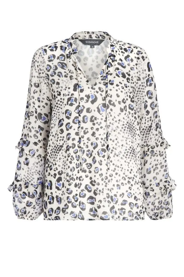 Sosandar Tops Women Cream Abstract Animal Print Ruffle Sleeve Top Cream