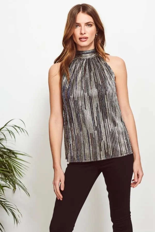Sosandar Tops Women Gold and Black Metallic Stripe Top Black