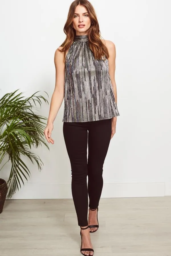 Sosandar Tops Women Gold and Black Metallic Stripe Top Black