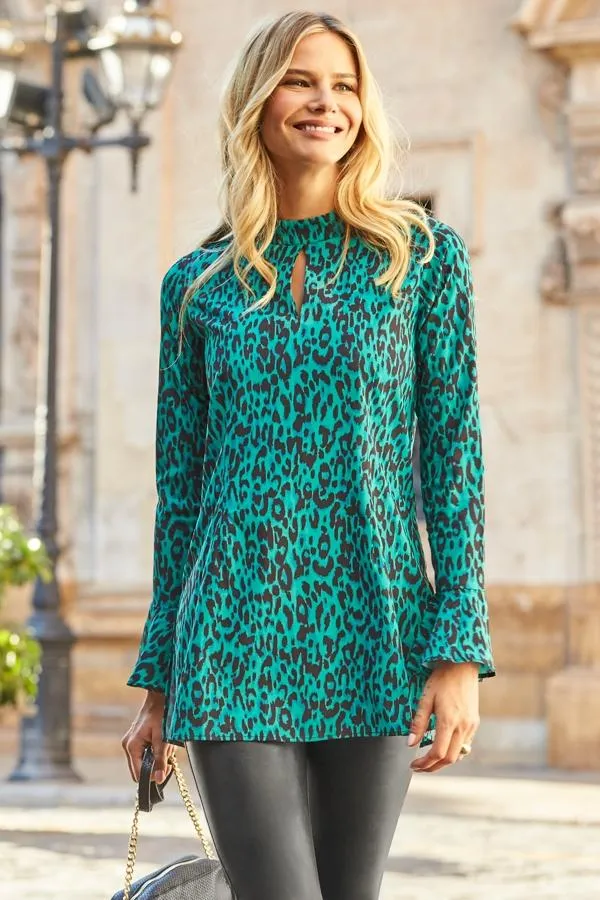 Sosandar Tops Women Green Animal Print Keyhole Detail Fluted Cuff Top Green