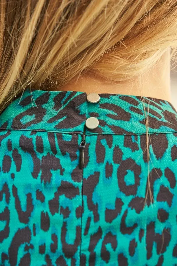 Sosandar Tops Women Green Animal Print Keyhole Detail Fluted Cuff Top Green