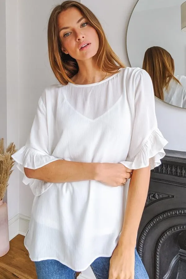 Sosandar Tops Women Ivory Ruffle Sleeve Relaxed Fit Top Ivory