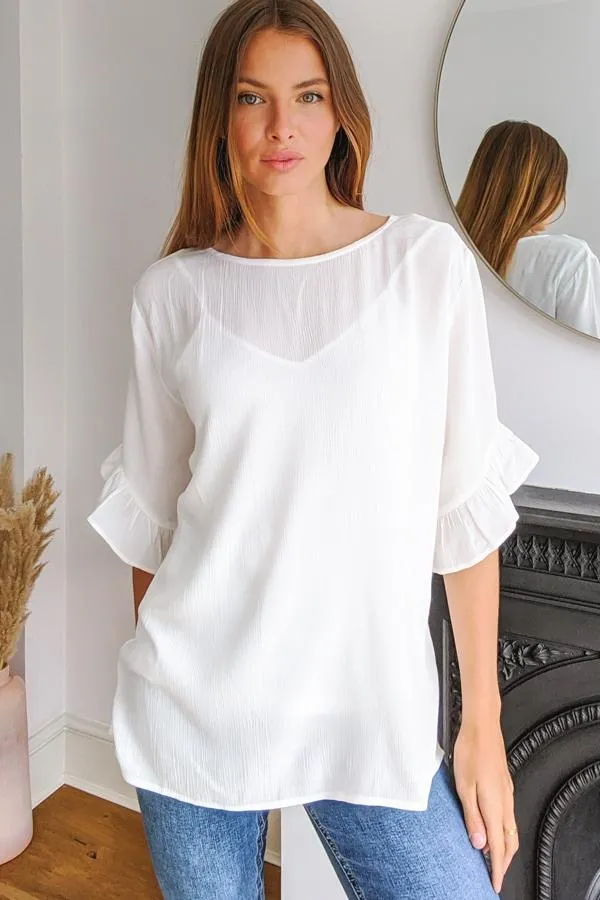 Sosandar Tops Women Ivory Ruffle Sleeve Relaxed Fit Top Ivory