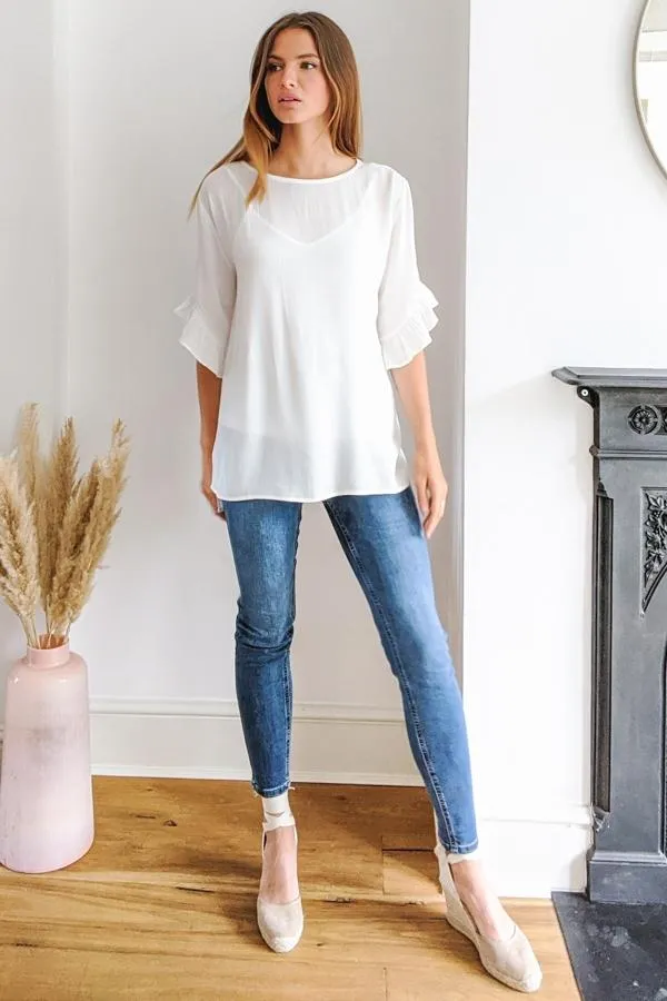 Sosandar Tops Women Ivory Ruffle Sleeve Relaxed Fit Top Ivory