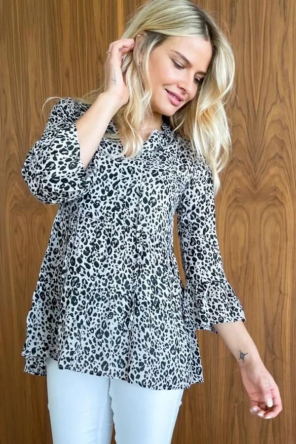 Sosandar Tops Women Natural Animal Print Fluted Sleeve Comfort Fit Top