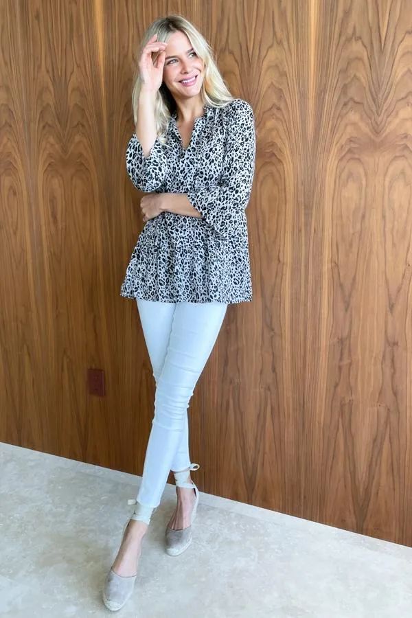 Sosandar Tops Women Natural Animal Print Fluted Sleeve Comfort Fit Top