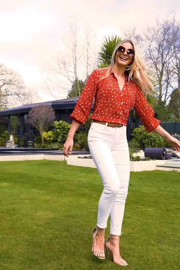 Sosandar Tops Women Red and White Ditsy Floral Print Shirt Red White
