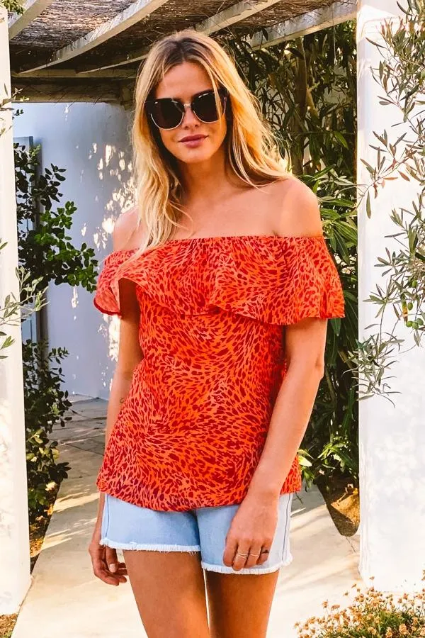 Sosandar Tops Women Red Animal Print Bardot Top Red