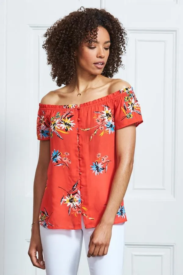 Sosandar Tops Women Red Floral Button Front Bardot Top Red