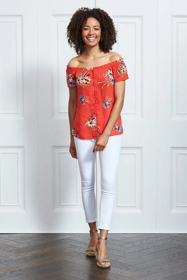 Sosandar Tops Women Red Floral Button Front Bardot Top Red