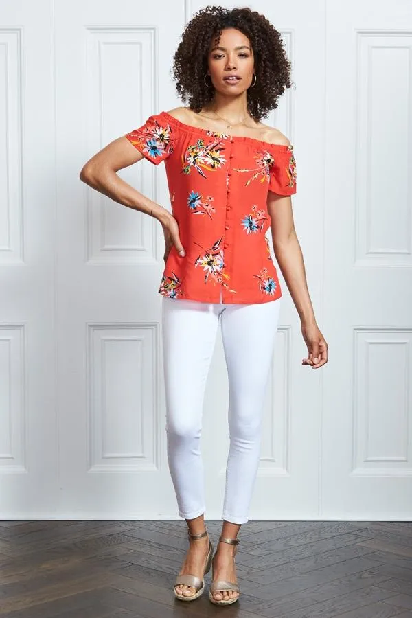 Sosandar Tops Women Red Floral Button Front Bardot Top Red