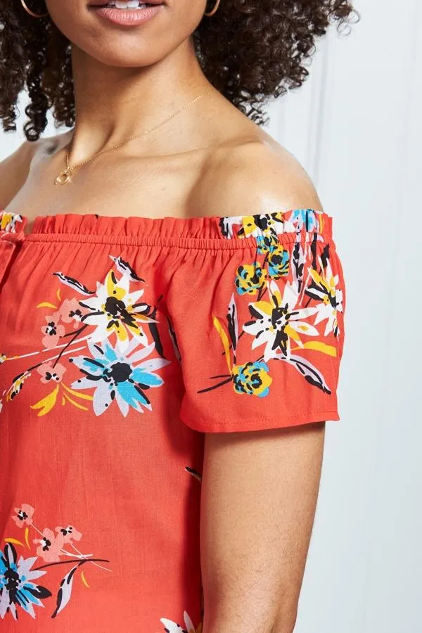 Sosandar Tops Women Red Floral Button Front Bardot Top Red