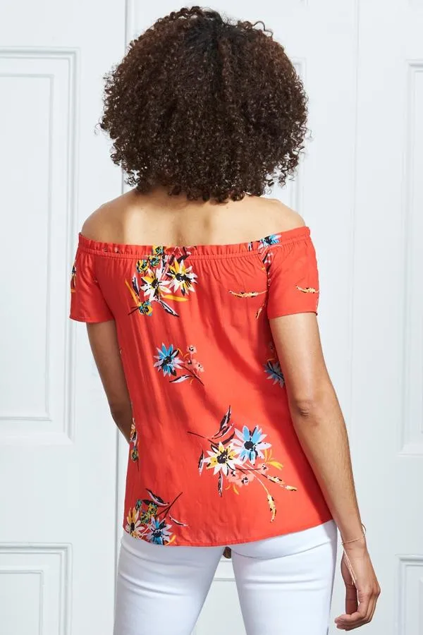 Sosandar Tops Women Red Floral Button Front Bardot Top Red