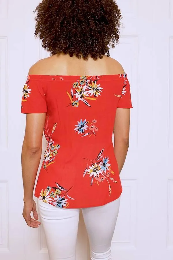 Sosandar Tops Women Red Floral Button Front Bardot Top Red