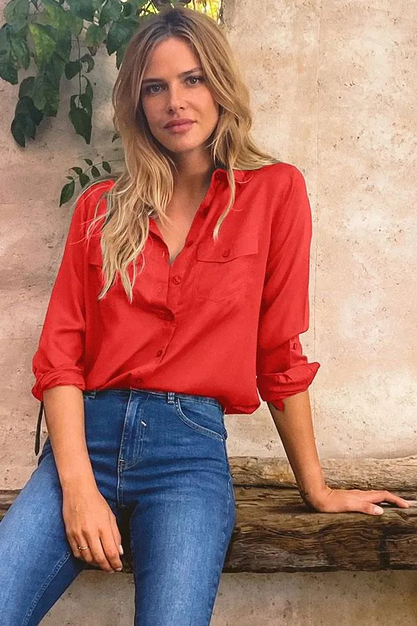 Sosandar Tops Women Red Pocket Detail Utility Shirt Red