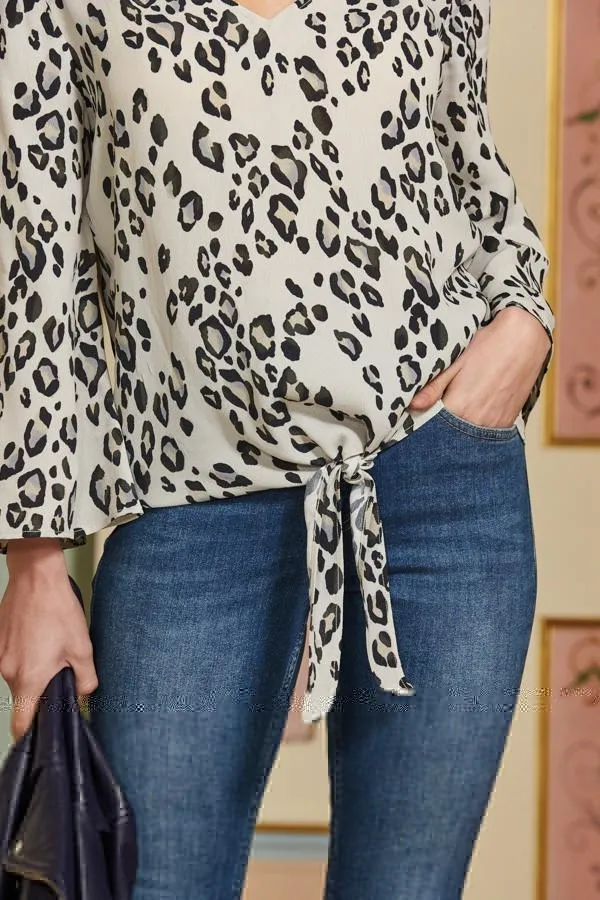 Sosandar Tops Women White and Black Animal Print Tie Front Fluted Sleeve Woven Top White Black