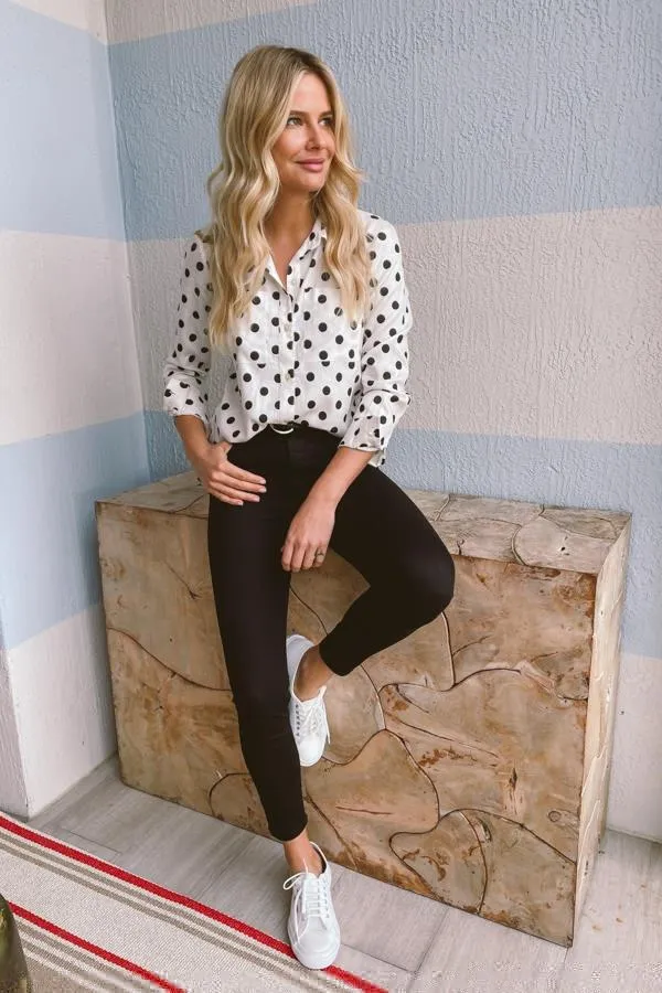 Sosandar Tops Women White and Black Spot Print Pocket Detail Shirt White Black