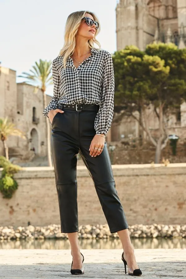 Sosandar Trousers and Leggings Women Black Leather Belted Cropped Trousers Black Sosandar Trousers and Leggings Women Black Leather Belted Cropped Trousers Black