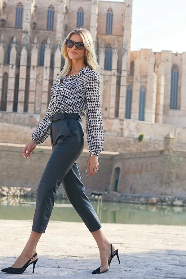 Sosandar Trousers and Leggings Women Black Leather Belted Cropped Trousers Black