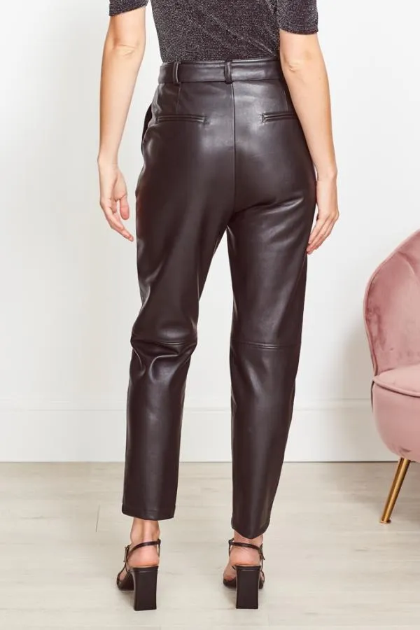 Sosandar Trousers and Leggings Women Black Leather Look D Ring Belted Trousers Black