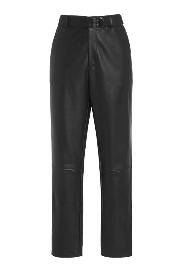 Sosandar Trousers and Leggings Women Black Leather Look D Ring Belted Trousers Black