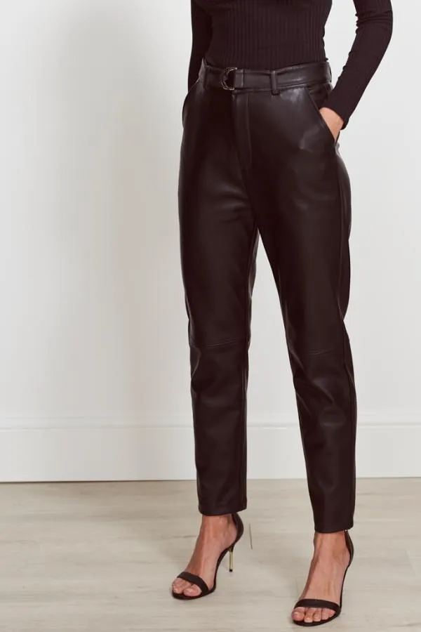 Sosandar Trousers and Leggings Women Black Leather Look D Ring Belted Trousers Black