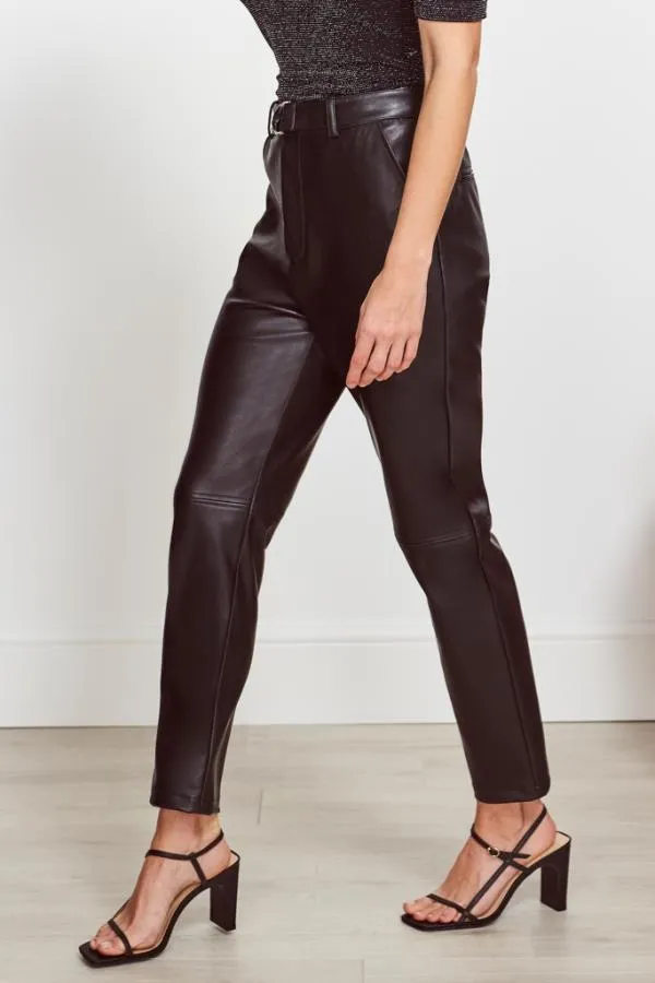 Sosandar Trousers and Leggings Women Black Leather Look D Ring Belted Trousers Black