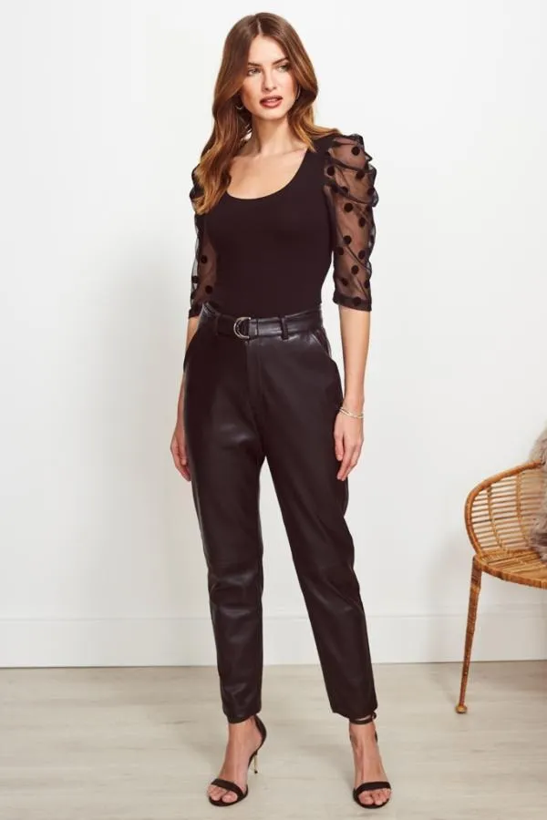 Sosandar Trousers and Leggings Women Black Leather Look D Ring Belted Trousers Black