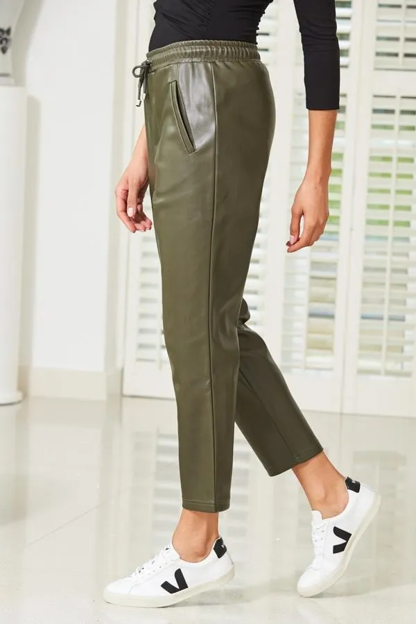 Sosandar Trousers and Leggings Women Olive Green Leather Look Straight Leg Joggers Green