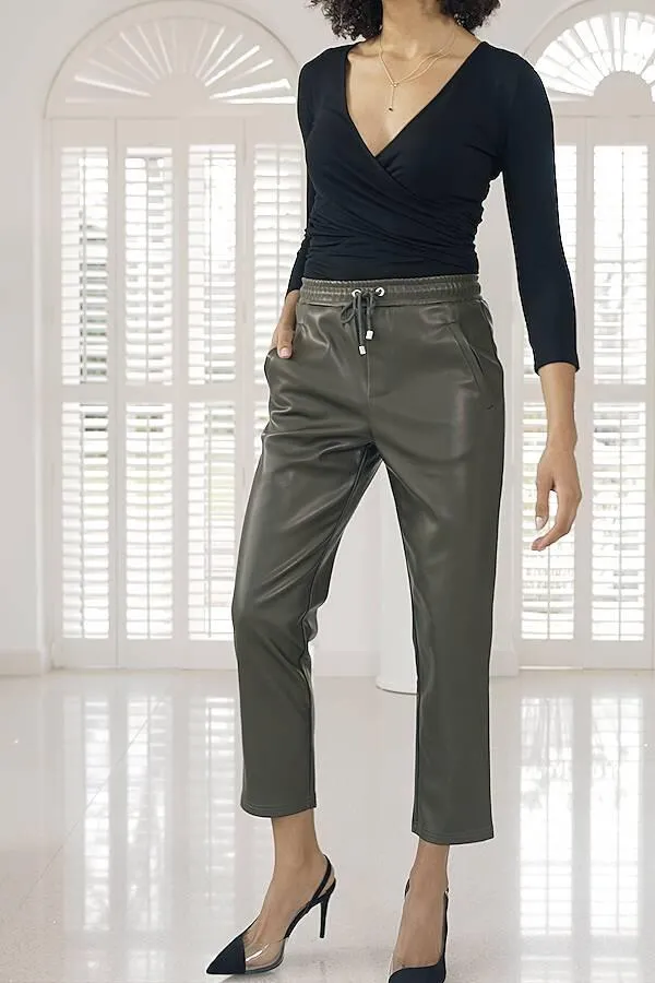 Sosandar Trousers and Leggings Women Olive Green Leather Look Straight Leg Joggers Green