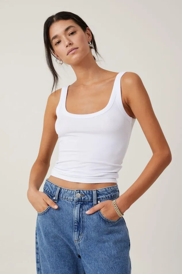 Staple Rib Double Scoop Tank White Women Cotton On Tops