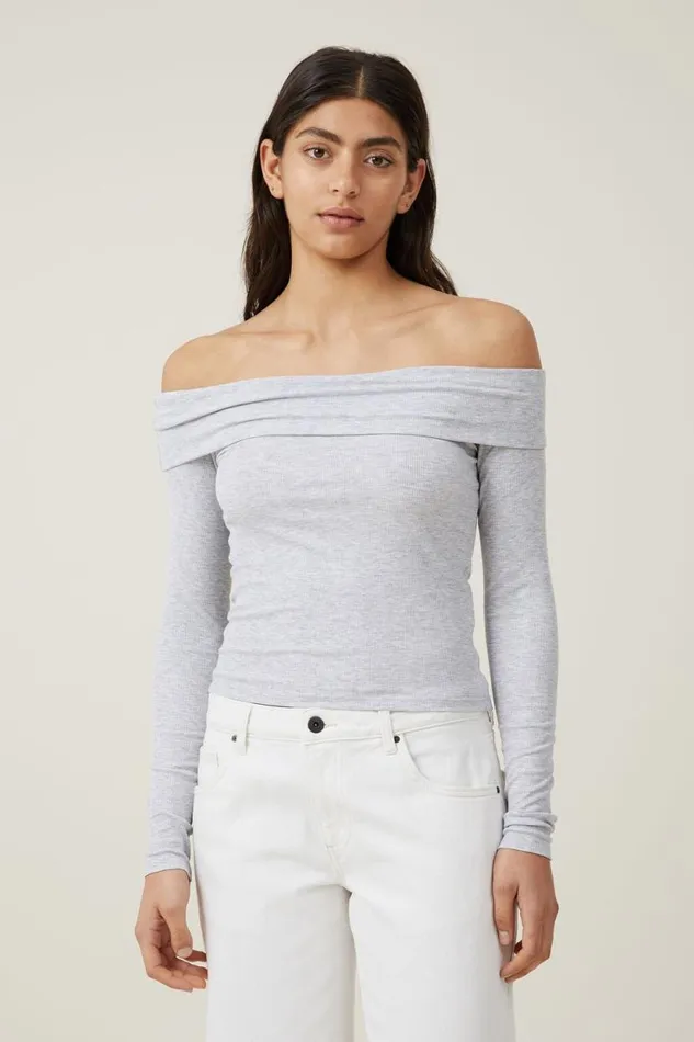 Staple Rib Off Shoulder Long Sleeve Top Grey Marle Women Cotton On Tops