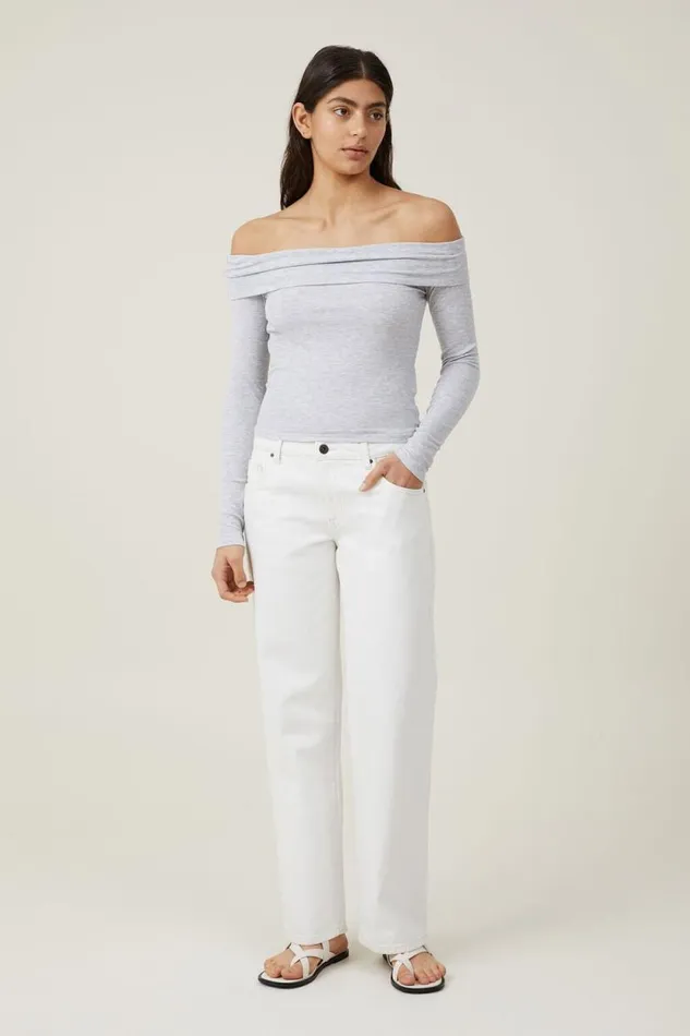 Staple Rib Off Shoulder Long Sleeve Top Grey Marle Women Cotton On Tops