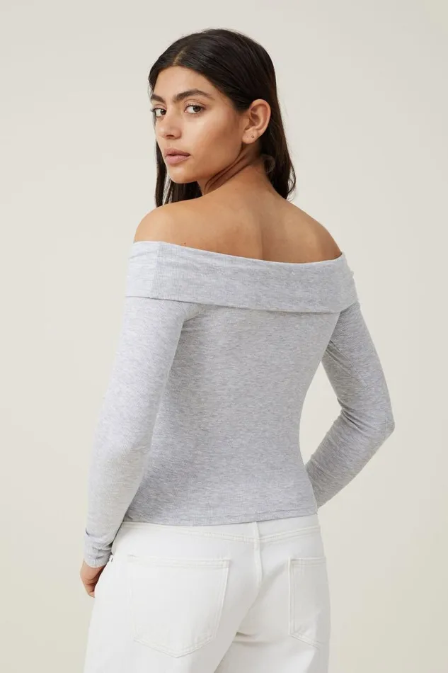 Staple Rib Off Shoulder Long Sleeve Top Grey Marle Women Cotton On Tops