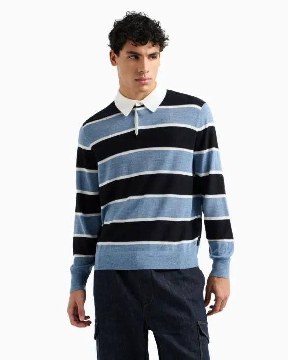 Striped Knit Polo Lightblue Men Armani Knitwear Striped Knit Polo Lightblue Men Armani Knitwear