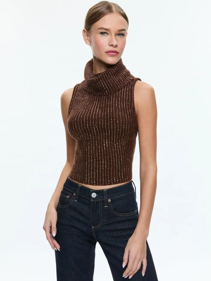 Sweaters Women Alice Olivia ALMA SHELL WITH HEATSET STONES Espresso