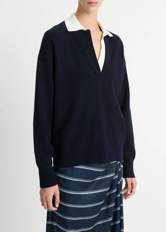 Sweaters Women Vince ContrastCollar WoolBlend Polo Sweater Coastal Blueoff White Sweaters Women Vince ContrastCollar WoolBlend Polo Sweater Coastal Blueoff White
