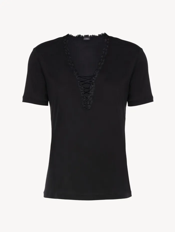 Tshirt In Black Modal With Embroidered Tulle Sleepwear La Perla Camisoles