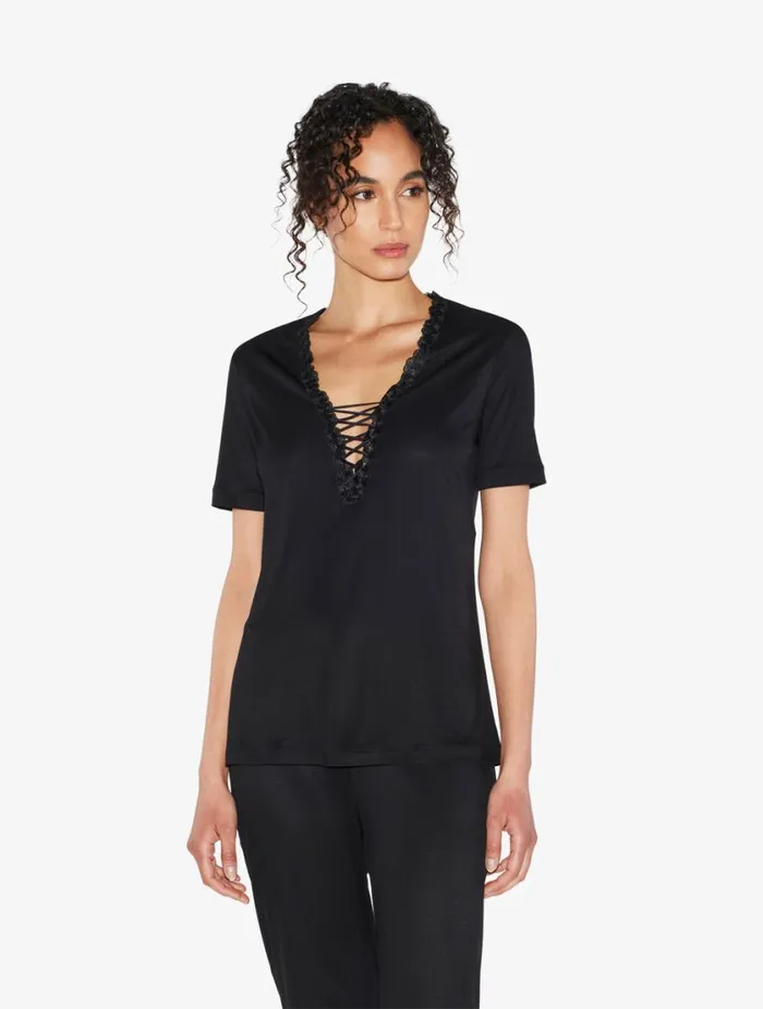 Tshirt In Black Modal With Embroidered Tulle Sleepwear La Perla Camisoles