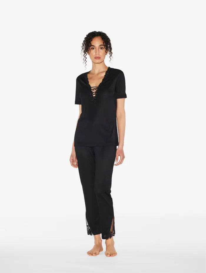 Tshirt In Black Modal With Embroidered Tulle Sleepwear La Perla Camisoles