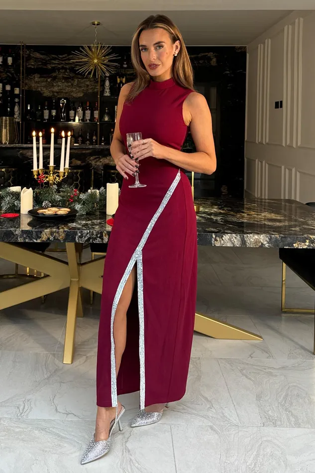 Thalia High Neck Maxi With Crystal Split Detail Wine Women Girl In Mind Maxi Dresses